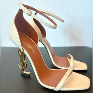 Yves Saint Laurent Cream and Gold Opyum Logo Heel Sandals